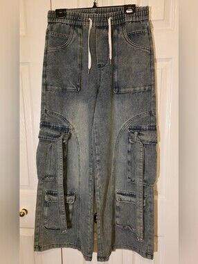 Curve Washed Drawstring Denim Cargo Pants Large